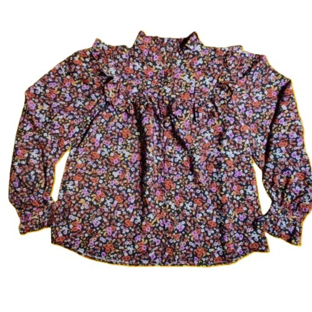 Who What Wear Floral Ruffle High Neck Long Sleeve Blouse Women’s M Black